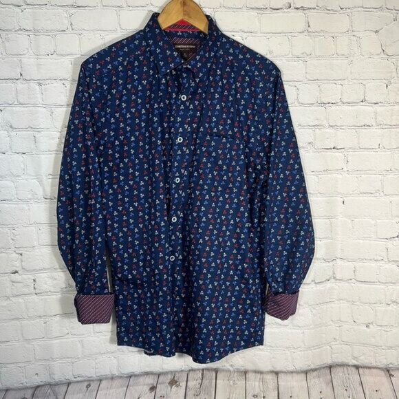 Johnston & Murphy Skull Shirt Mens Medium Blue Crossbones All Over Print AOP - Picture 1 of 9